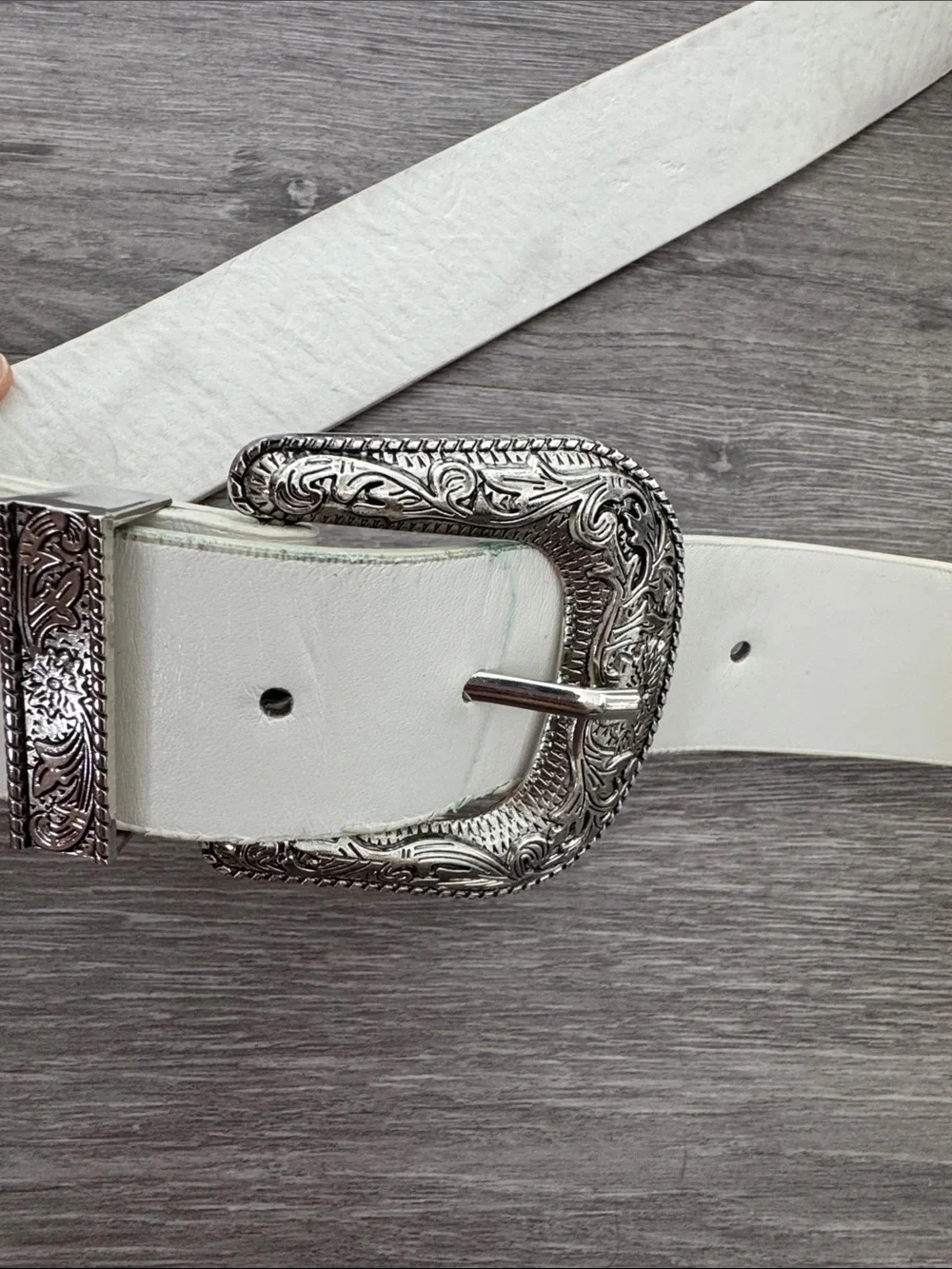 Double Buckle White Western Belt with Engraved Silver Hardware